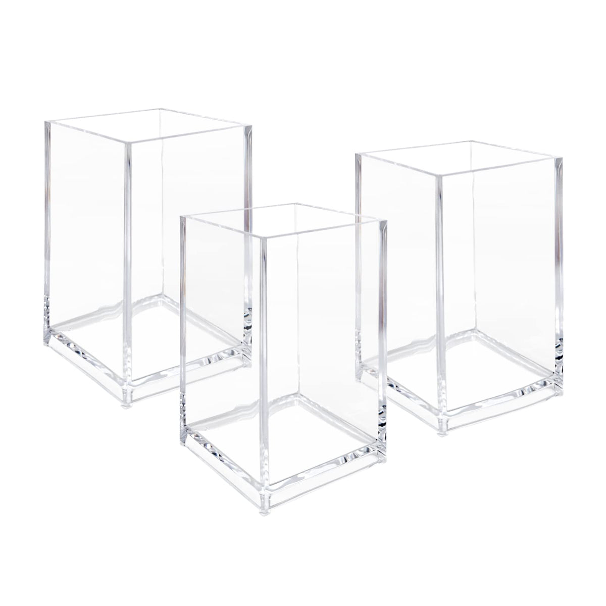 Newkita clear acrylic cosmetic pencil holder with three cups for easy visibility and organization.