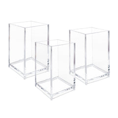 Newkita clear acrylic cosmetic pencil holder with three cups for easy visibility and organization.