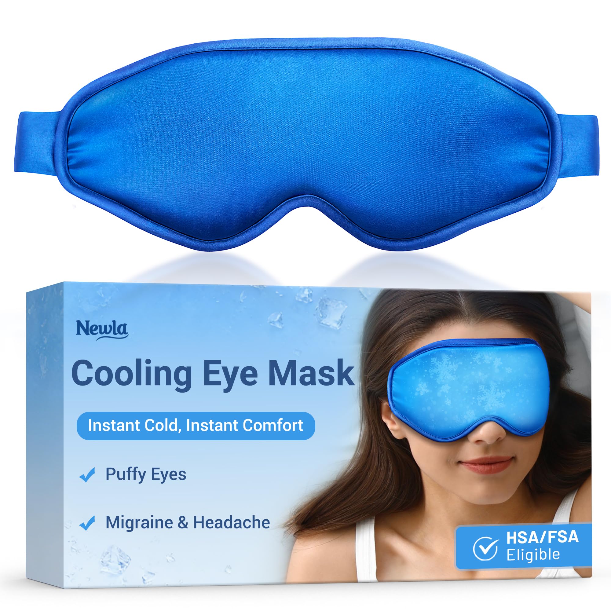 NEWLA cooling eye mask focusing on puffy eyes for instant refresh.