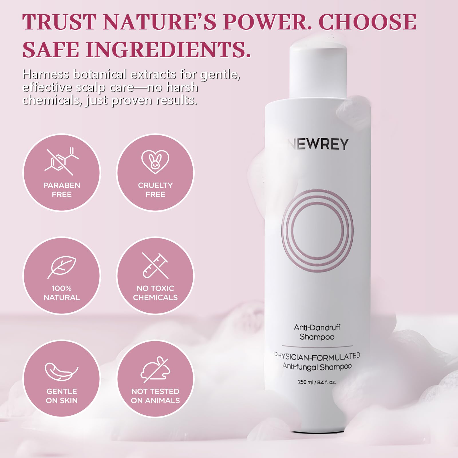 NEWREY anti-fungal shampoo daily-use friendly for sensitive scalps.