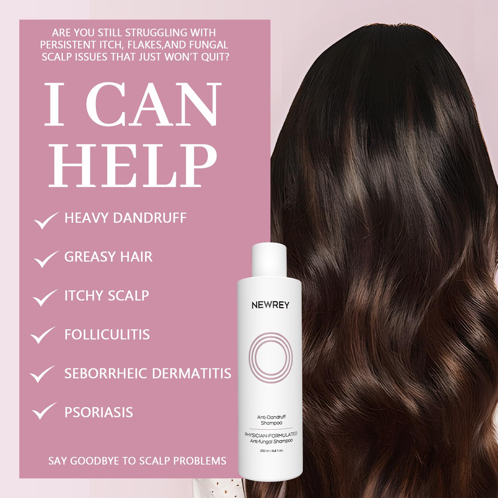 NEWREY anti-fungal shampoo label close-up noting sulfate- and paraben-free formula.