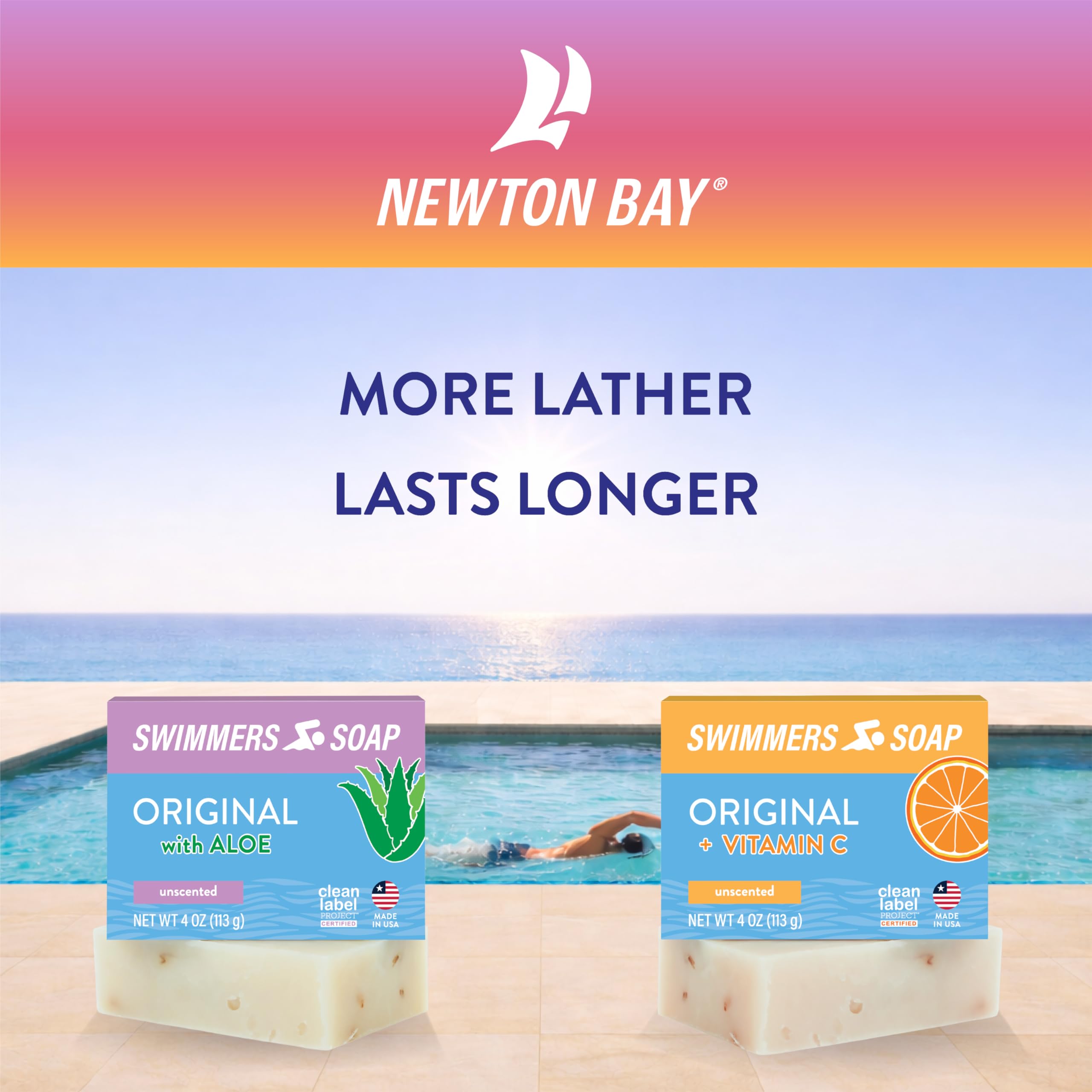 Newton Bay Swimmers Soap label shows clean, paraben-free formula.