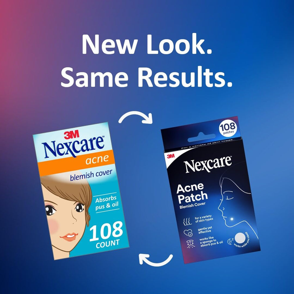 Nexcare Acne Cover packaging close-up highlights the 108-count value.