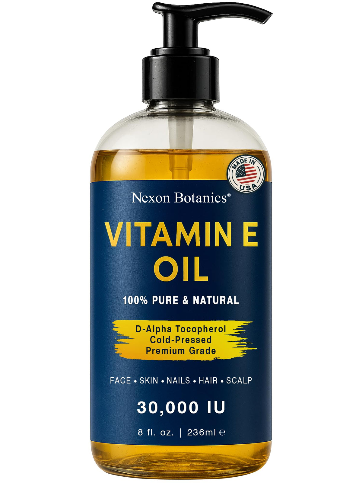 Nexon Botanics Aceite de vitamina E puro, botella vertiendo, hidratación suave para piel seca.