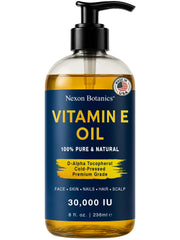 Nexon Botanics Aceite de vitamina E puro, botella vertiendo, hidratación suave para piel seca.