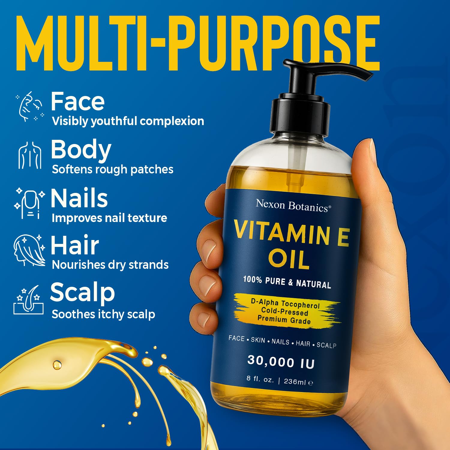 Nexon Botanics Aceite de vitamina E puro, extracto de almendras para nutrición suave de la piel.
