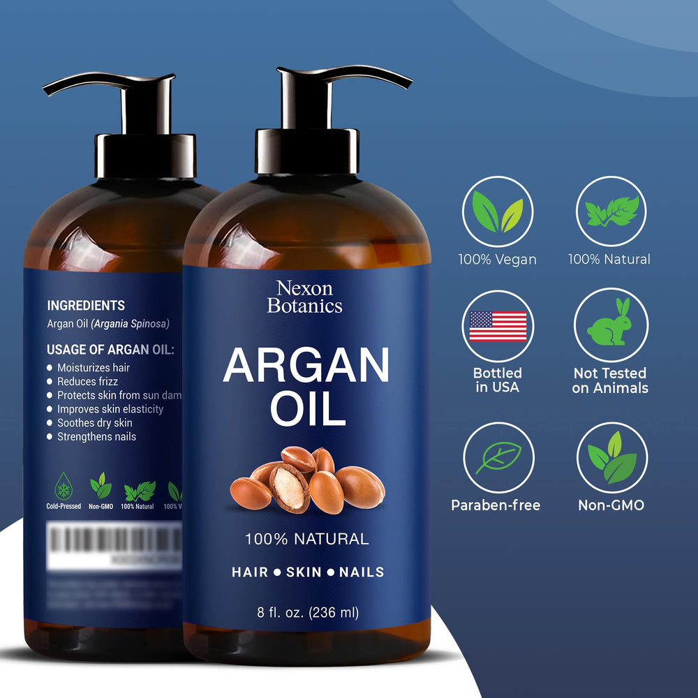 Nexon Botanics Argan Oil being poured for hair prep.