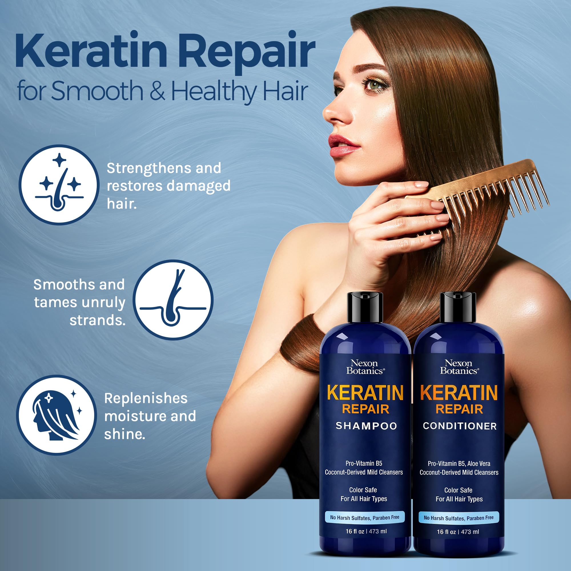 Conjunto Nexon Botanics keratina en empaque, cuidado completo para cabello dañado