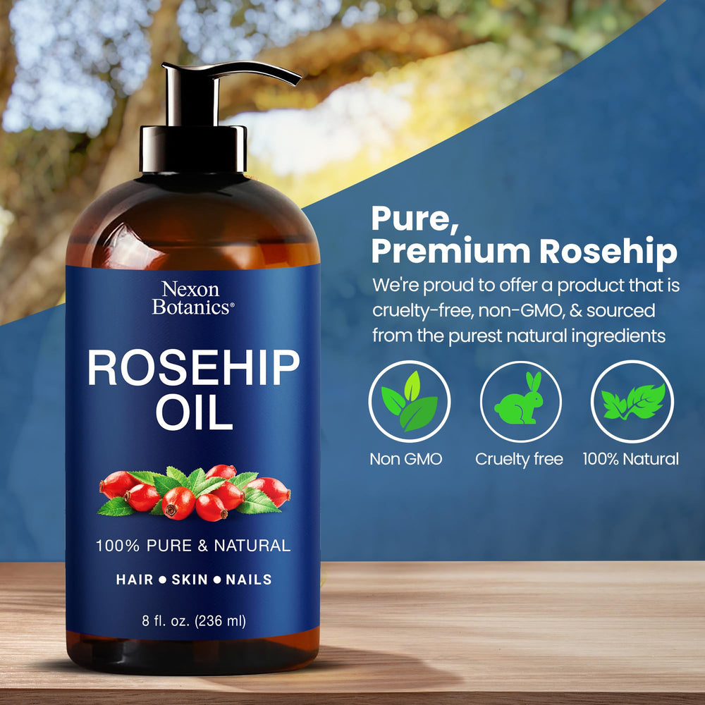 Nexon Botanics Rosehip Oil in dark amber bottle packaging.