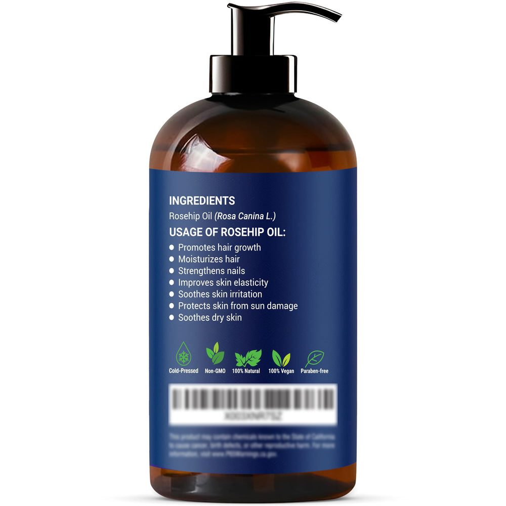 Nexon Botanics Rosehip Oil bottle with label closeup for details.