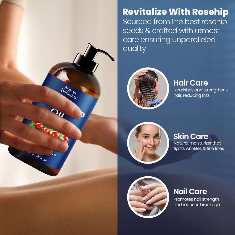 Nexon Botanics Rosehip Oil on clean skin, absorbs easily.