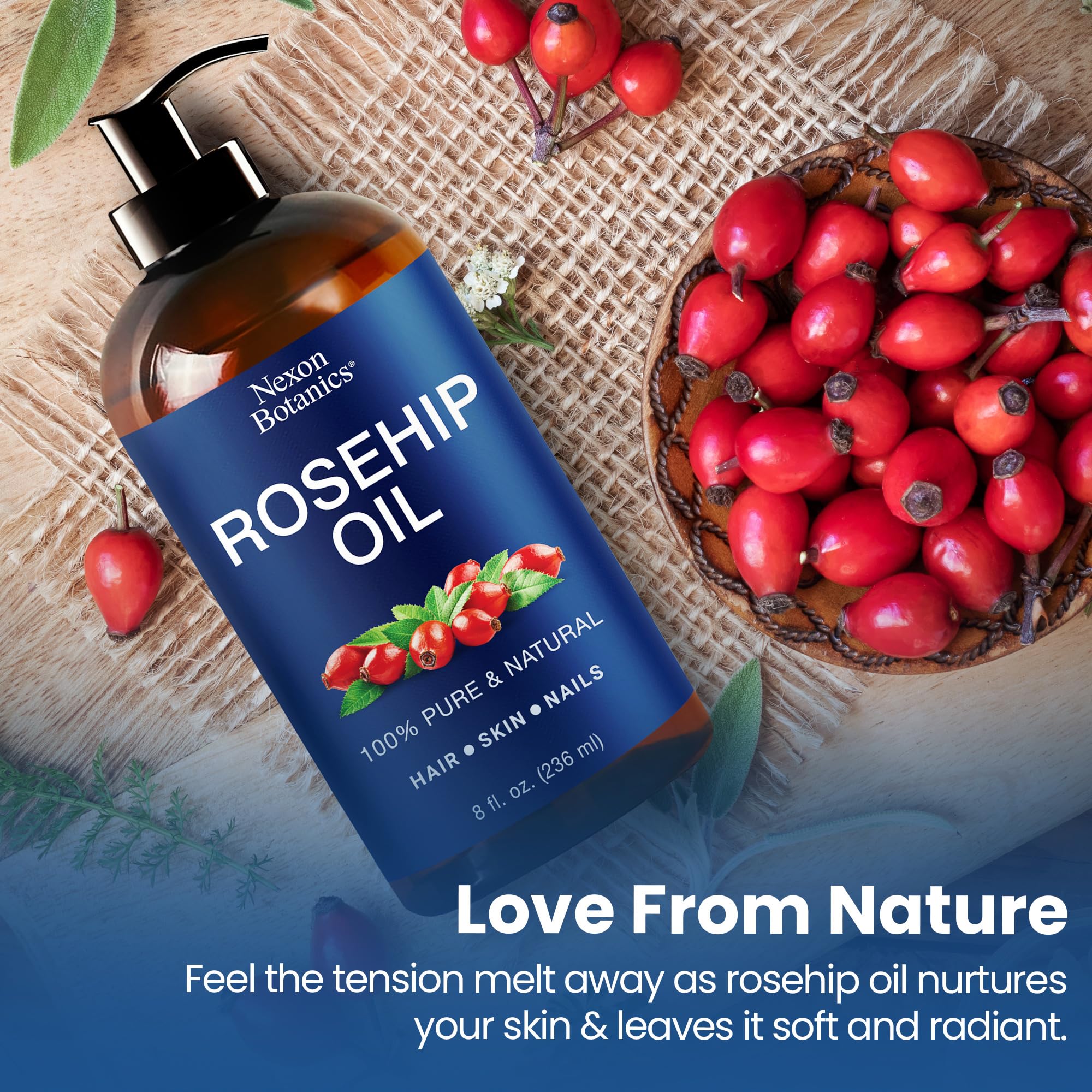 Nexon Botanics Rosehip Oil on palm for blending and layering.
