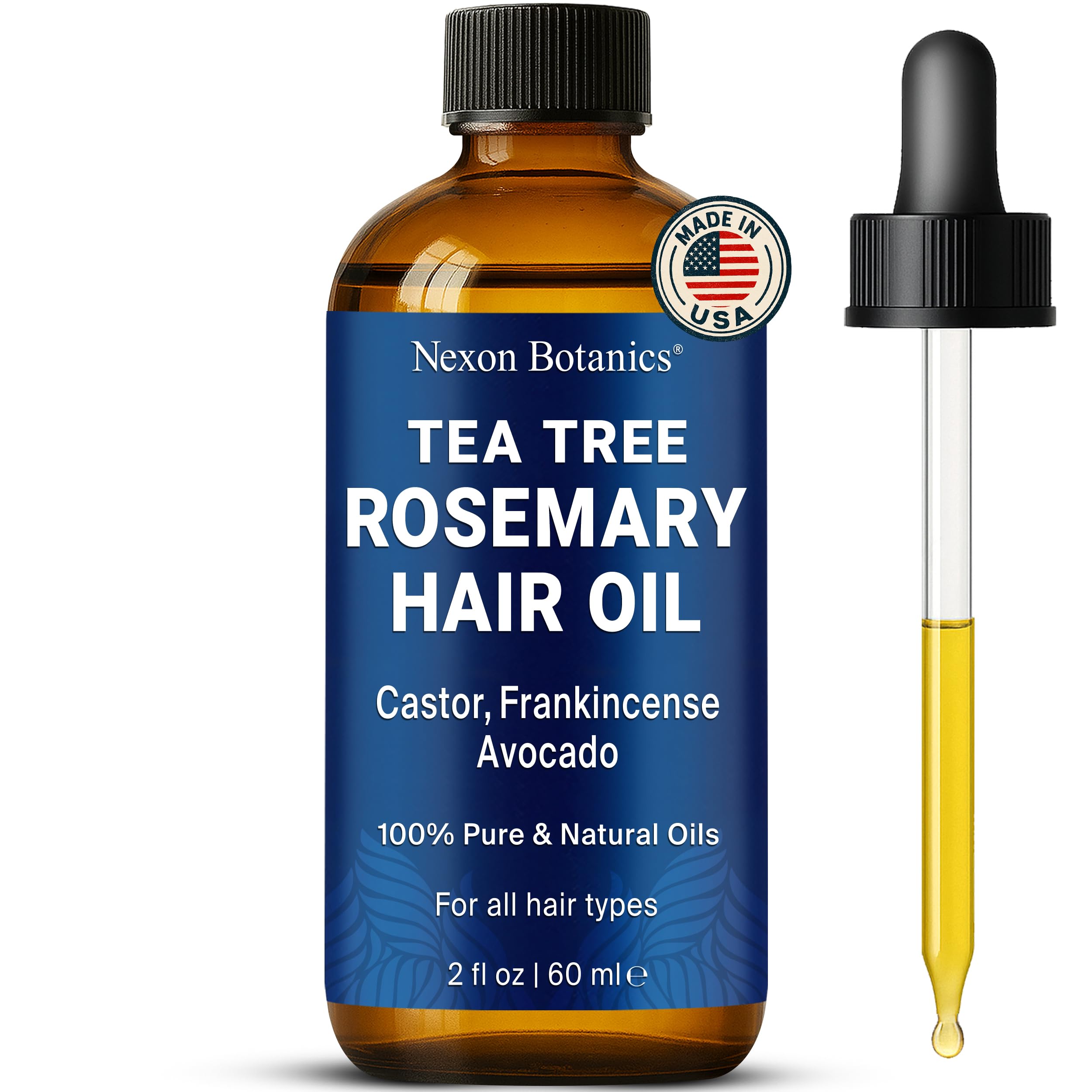 Nexon Botanics tea tree rosemary oil bottle for scalp care and hair health.