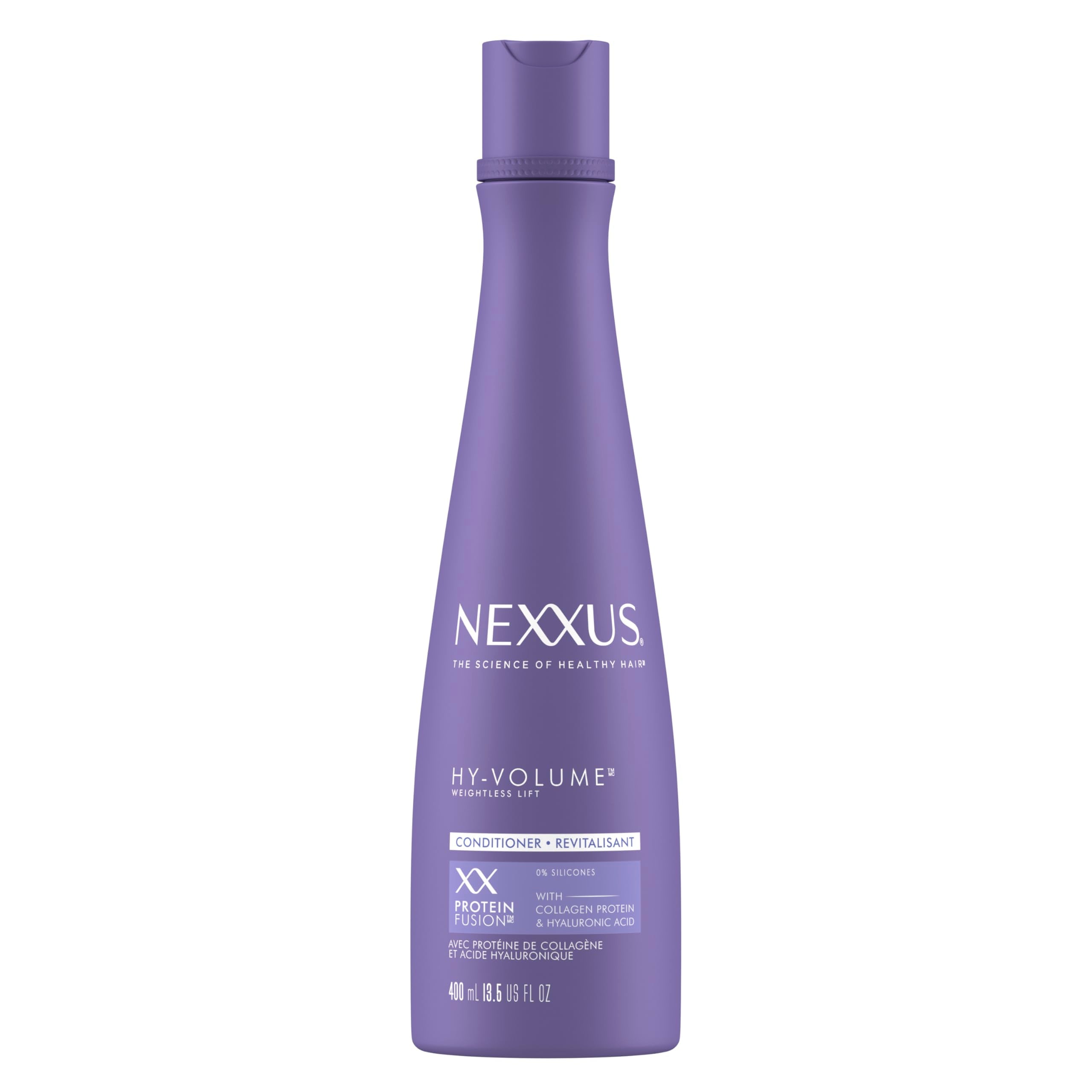 Nexxus HY-VOLUME Acondicionador, foco envase frontal, ofrece volumen duradero sin peso.