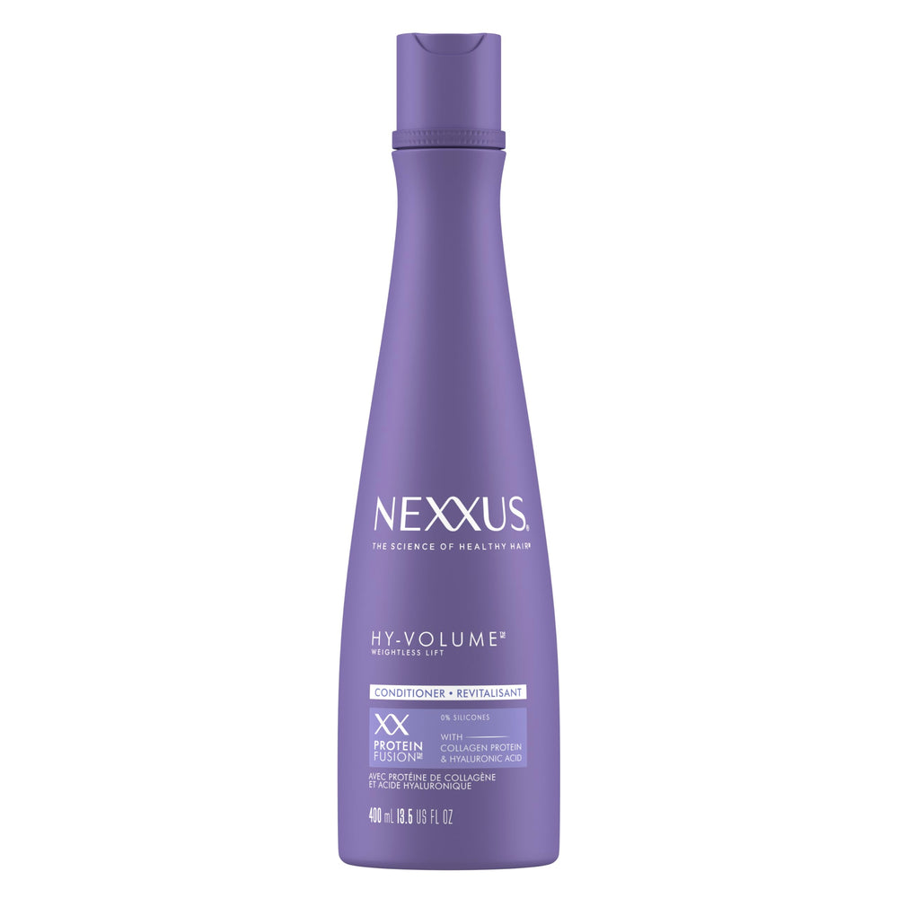 Nexxus HY-VOLUME Acondicionador, foco envase frontal, ofrece volumen duradero sin peso.