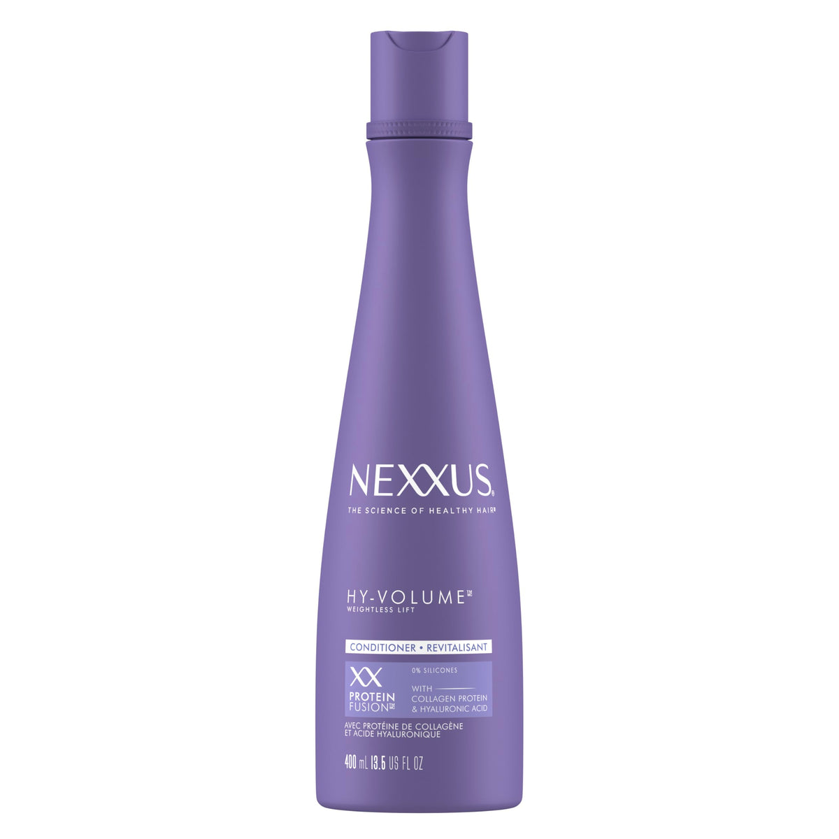 Nexxus HY-VOLUME Acondicionador, foco envase frontal, ofrece volumen duradero sin peso.