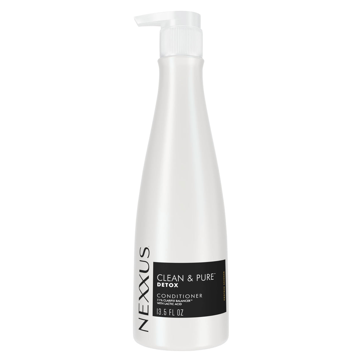 Acondicionador Nexxus limpio y puro vertiendo la botella para una experiencia suave sin residuos.