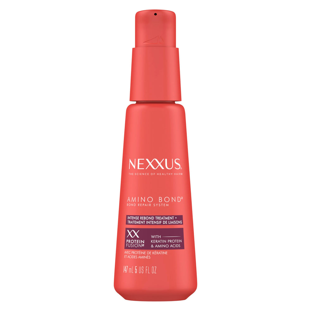 Nexxus Amino Bond: botella mostrando aplicación para reparar daños y fortalecer el cabello.