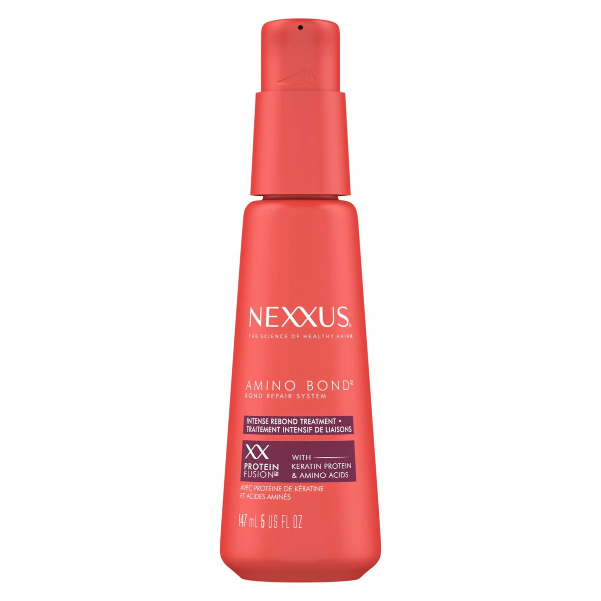 Nexxus Amino Bond: botella mostrando aplicación para reparar daños y fortalecer el cabello.
