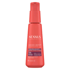 Nexxus Amino Bond: botella mostrando aplicación para reparar daños y fortalecer el cabello.