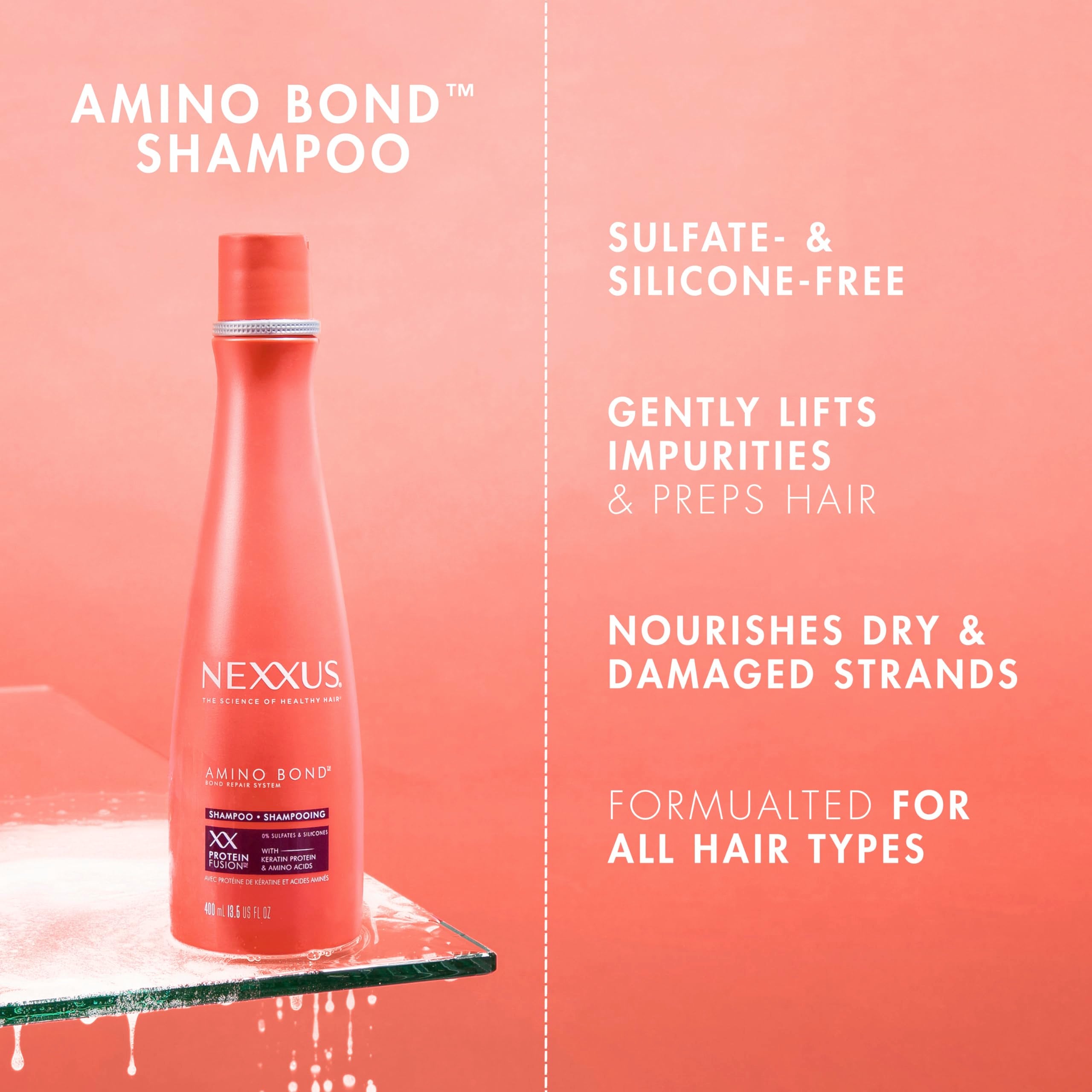 Nexxus Bond Repair Shampoo pump bottle in a bright bathroom setting