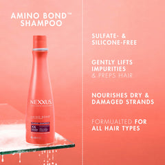Nexxus Bond Repair Shampoo pump bottle in a bright bathroom setting