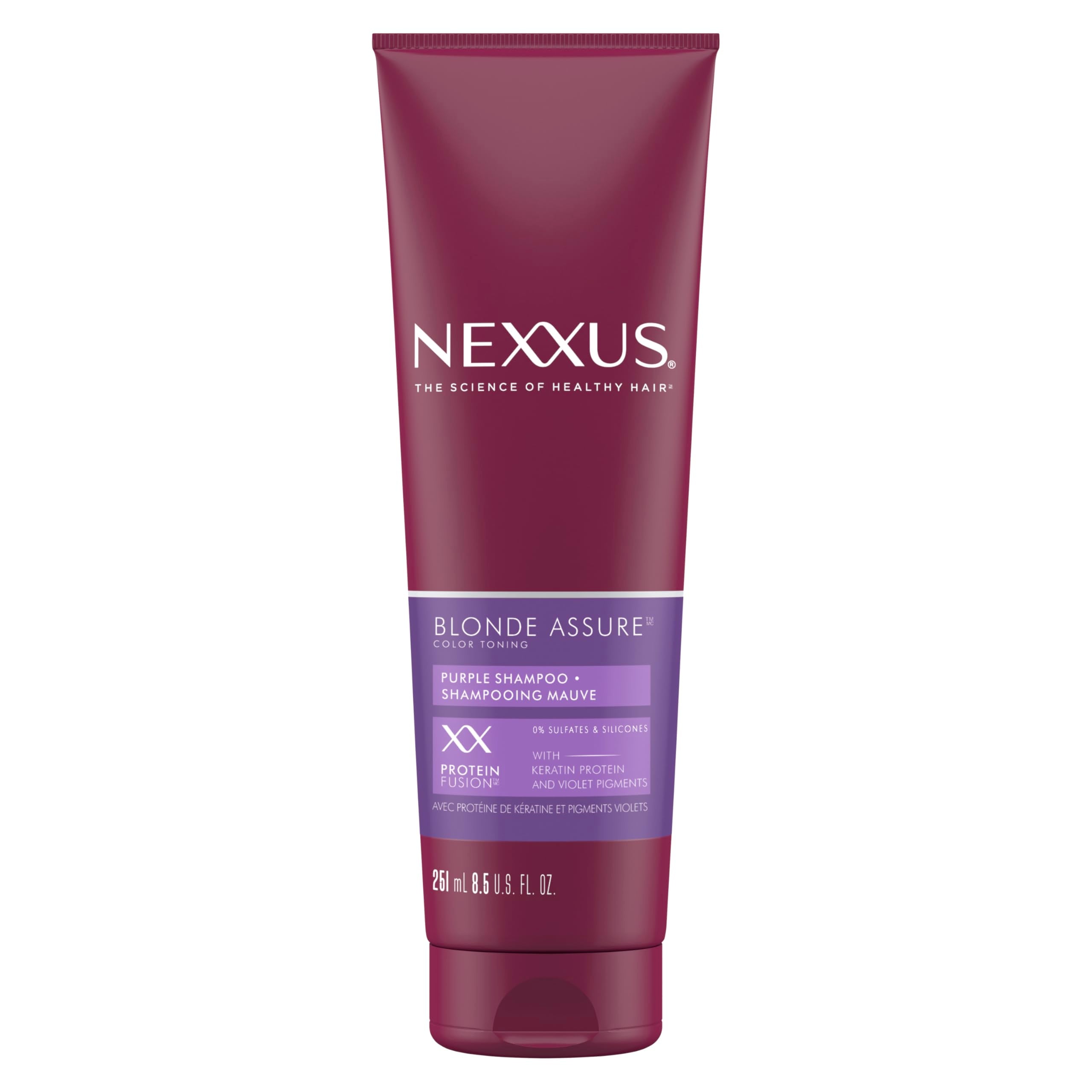 Nexxus champú morado para cabello rubio, botella morada, neutraliza tonos amarillos