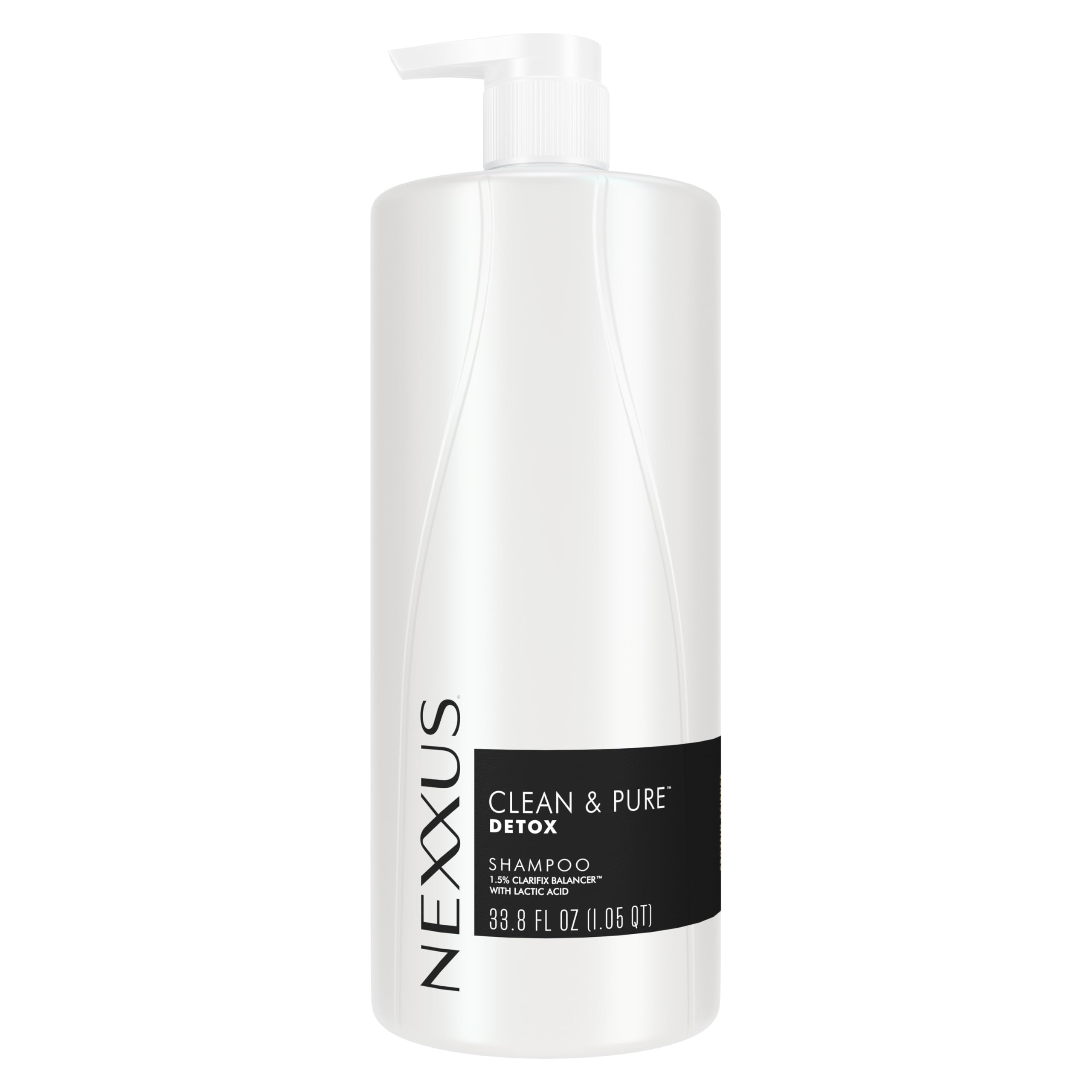 Nexxus Clean and Pure clarifying shampoo bottle showing a silicone-free formula for daily use.