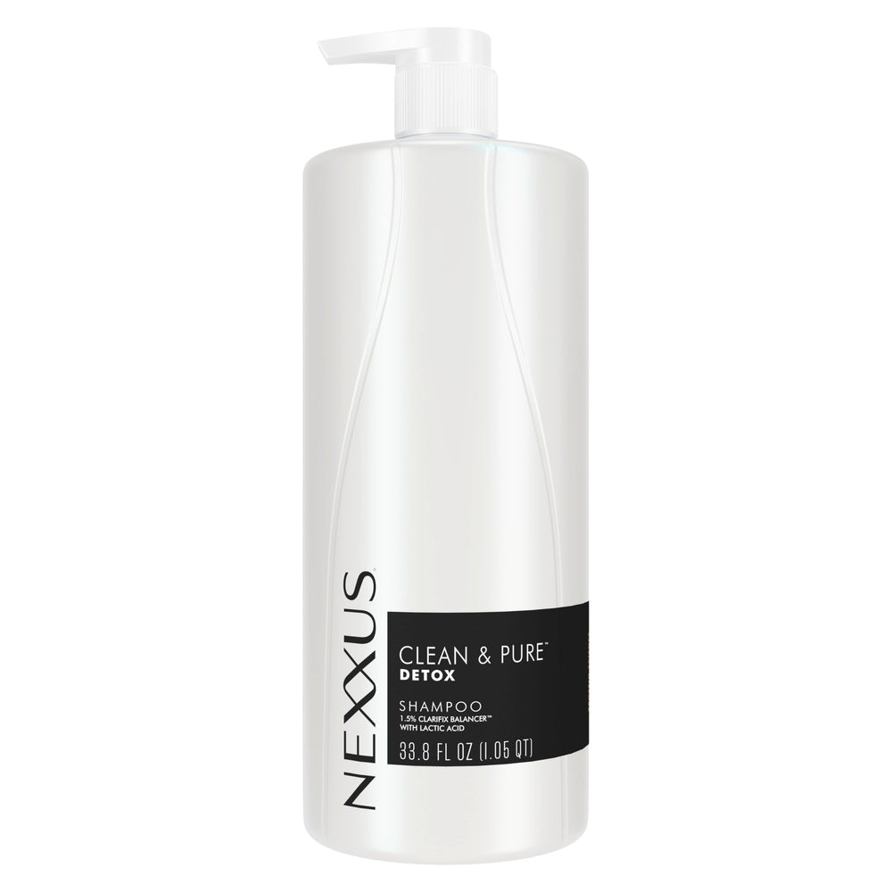 Nexxus Clean and Pure clarifying shampoo bottle showing a silicone-free formula for daily use.