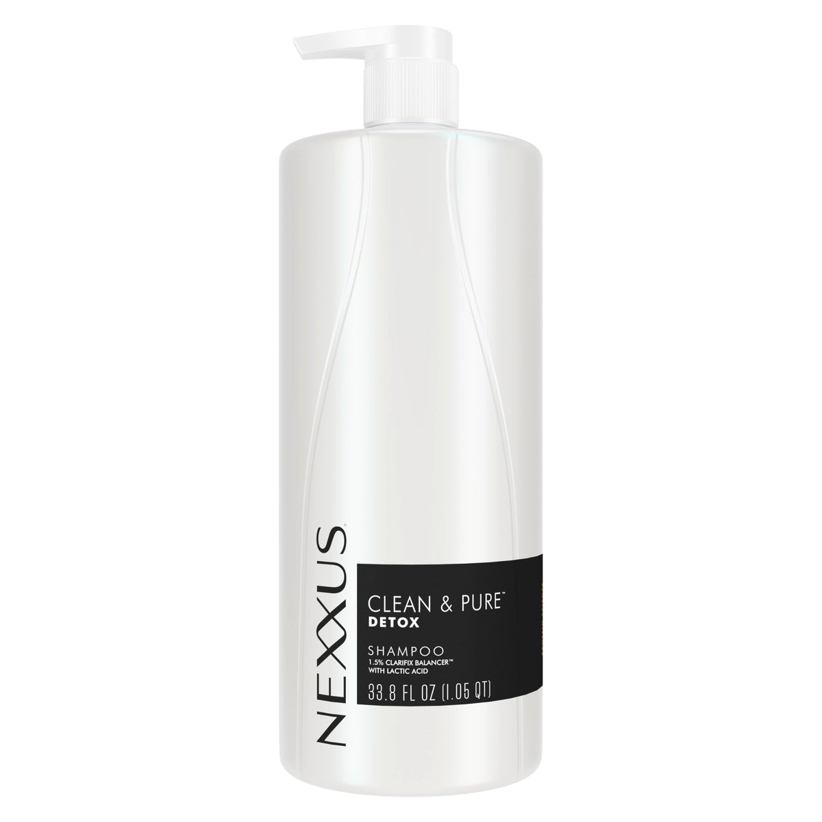 Nexxus Clean and Pure clarifying shampoo bottle showing a silicone-free formula for daily use.