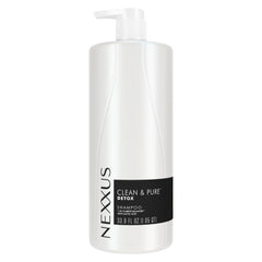 Nexxus Clean and Pure clarifying shampoo bottle showing a silicone-free formula for daily use.