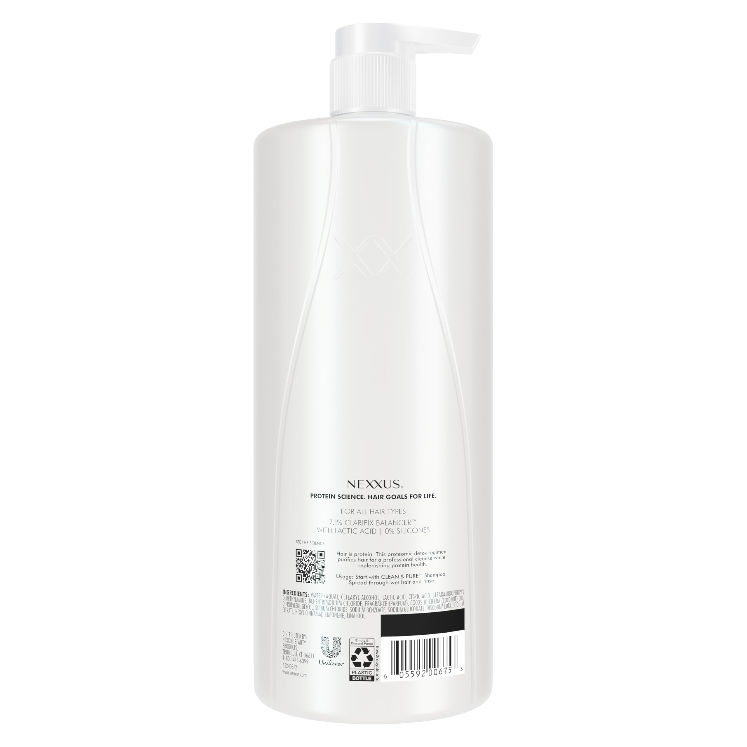 Nexxus Clean & Pure conditioner label showcases ProteinFusion and silicone-free formula.