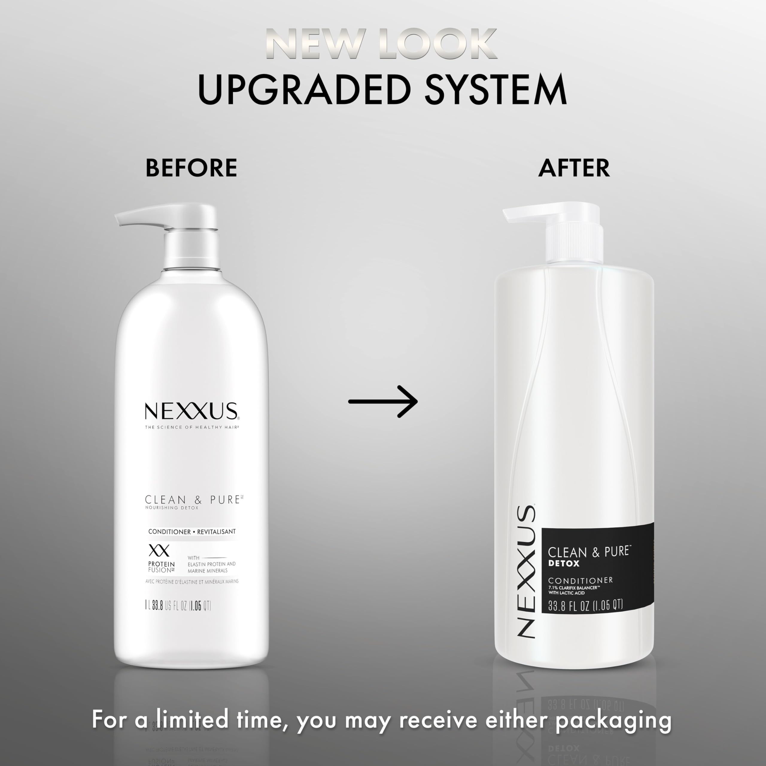 Nexxus Clean & Pure conditioner pump visible on shelf for easy daily use.
