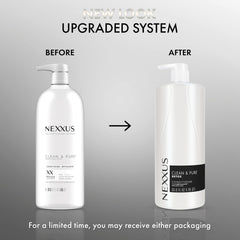Nexxus Clean & Pure conditioner pump visible on shelf for easy daily use.