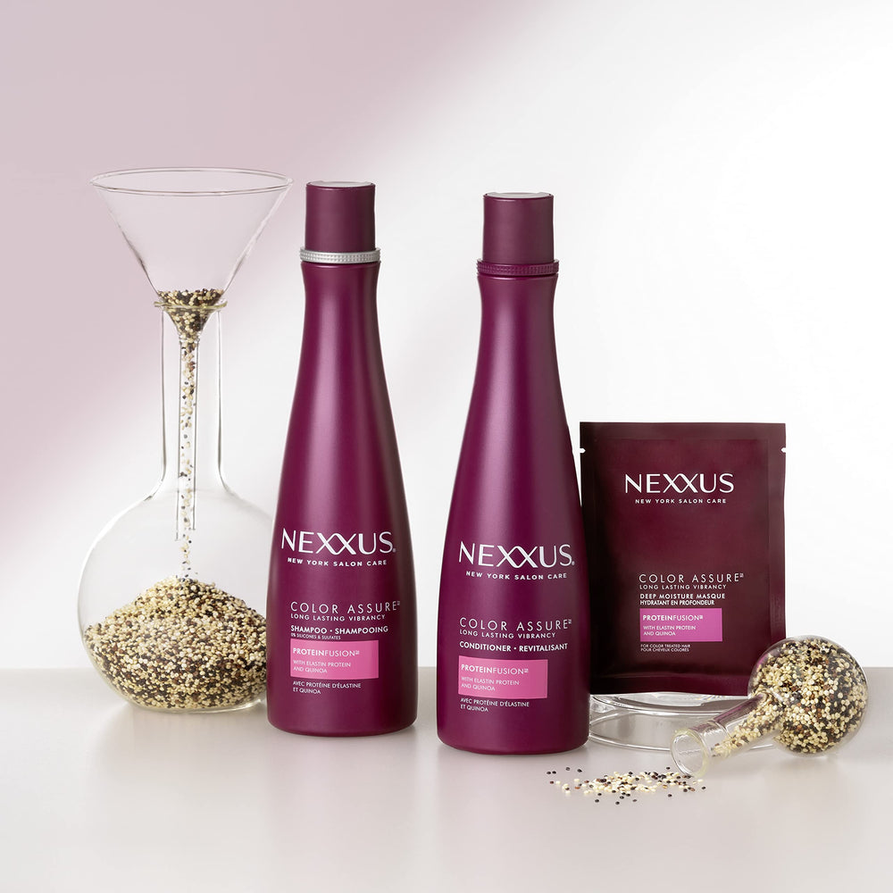 Nexxus Color Assure color vibrancy close-up demonstrating lasting color after washing.