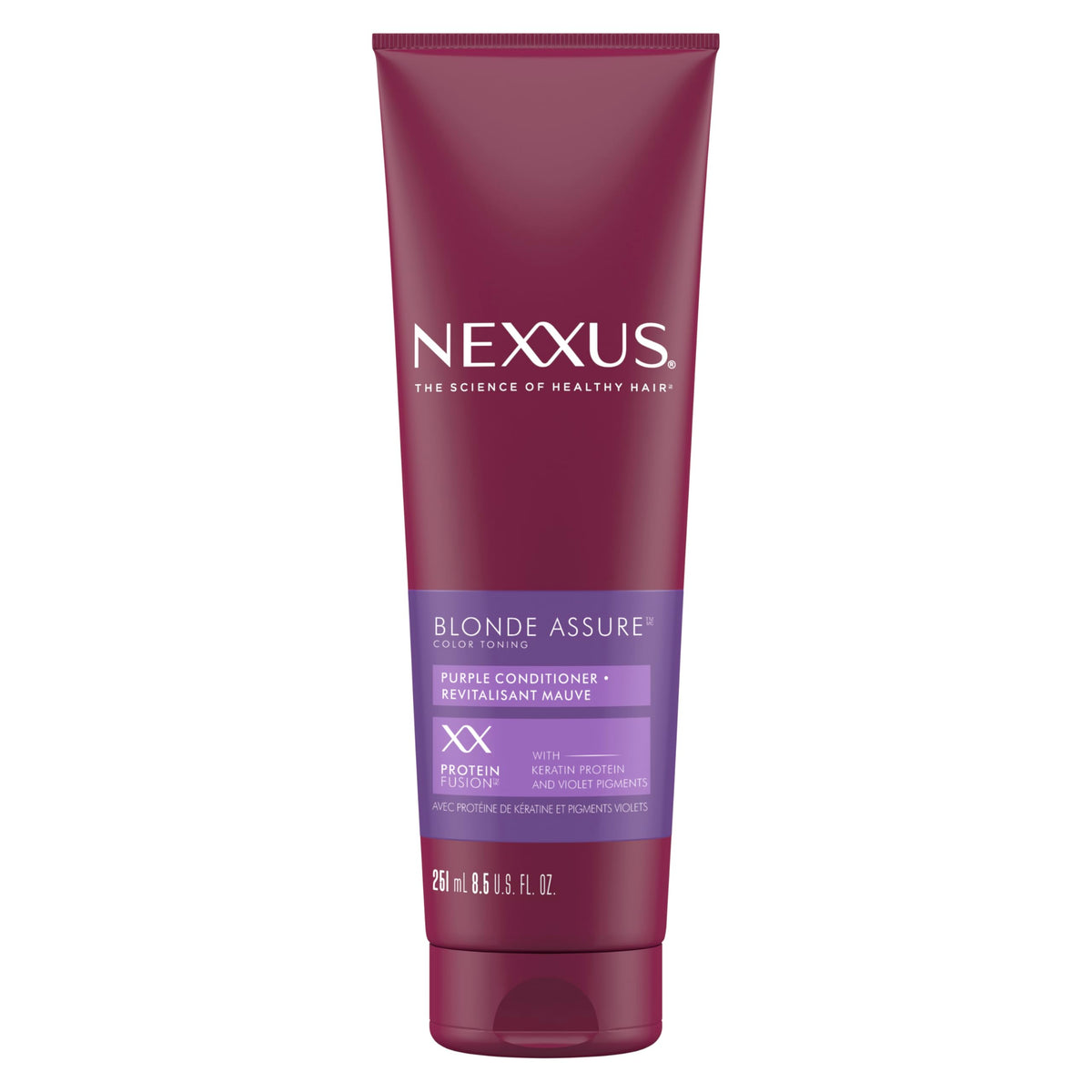 Nexxus Color Assure Purple Conditioner, botella vertiendo, acondiciona y suaviza el cabello rubio.