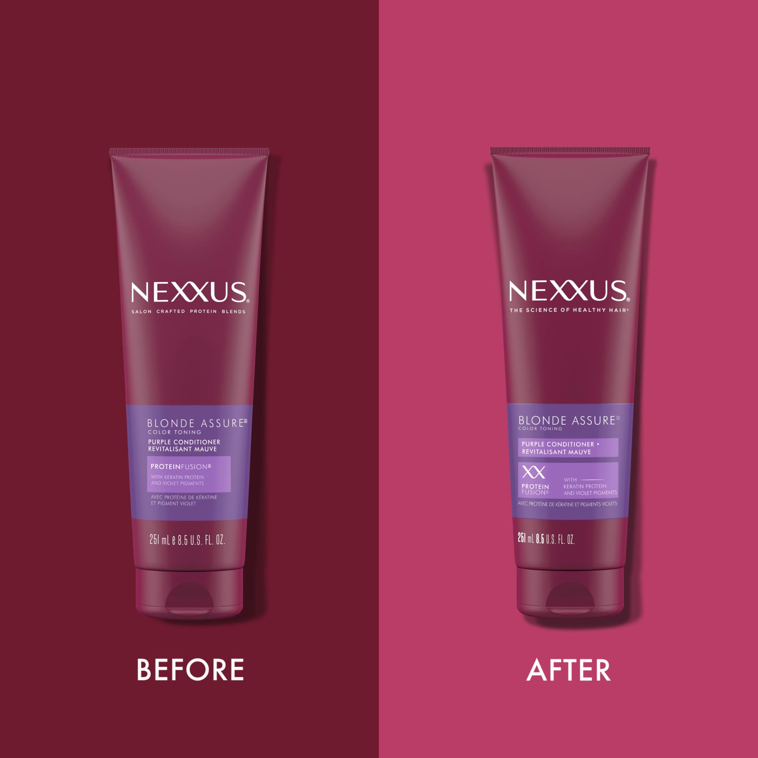 Nexxus Color Assure Purple Conditioner, cabello rubio visto de perfil, tono más parejo.