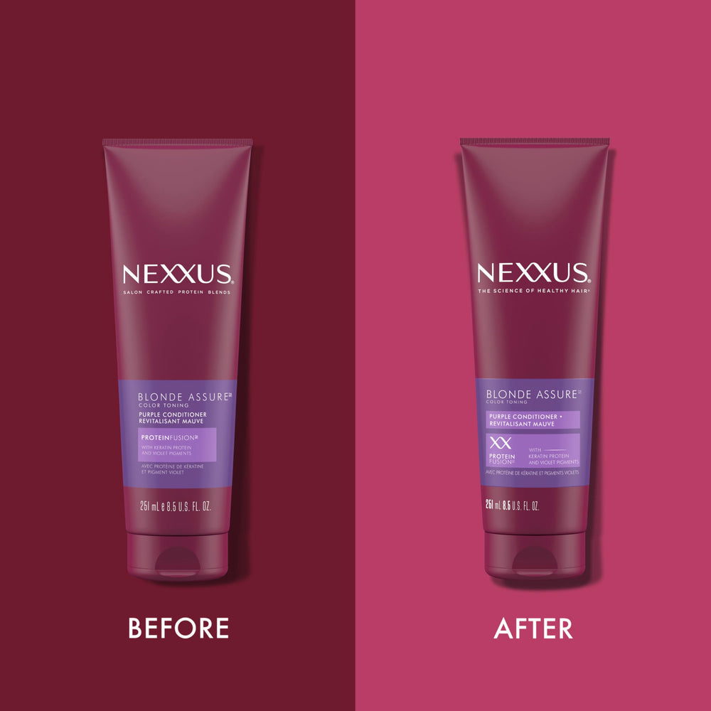 Nexxus Color Assure Purple Conditioner, cabello rubio visto de perfil, tono más parejo.