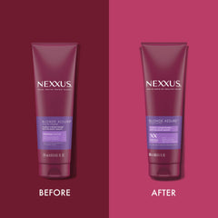Nexxus Color Assure Purple Conditioner, cabello rubio visto de perfil, tono más parejo.