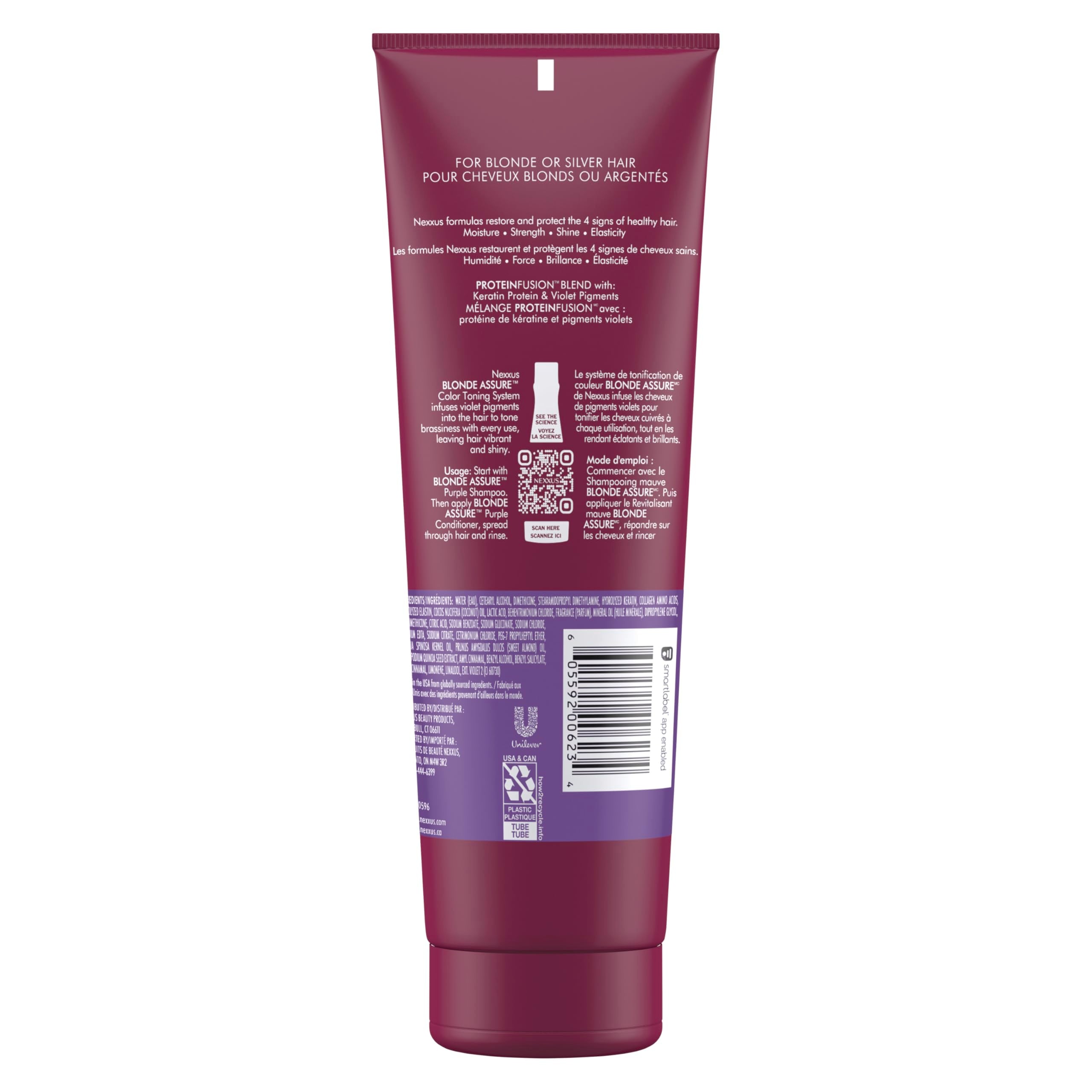 Nexxus Color Assure Purple Conditioner, fórmula morada, contiene keratina para reparar el cabello.