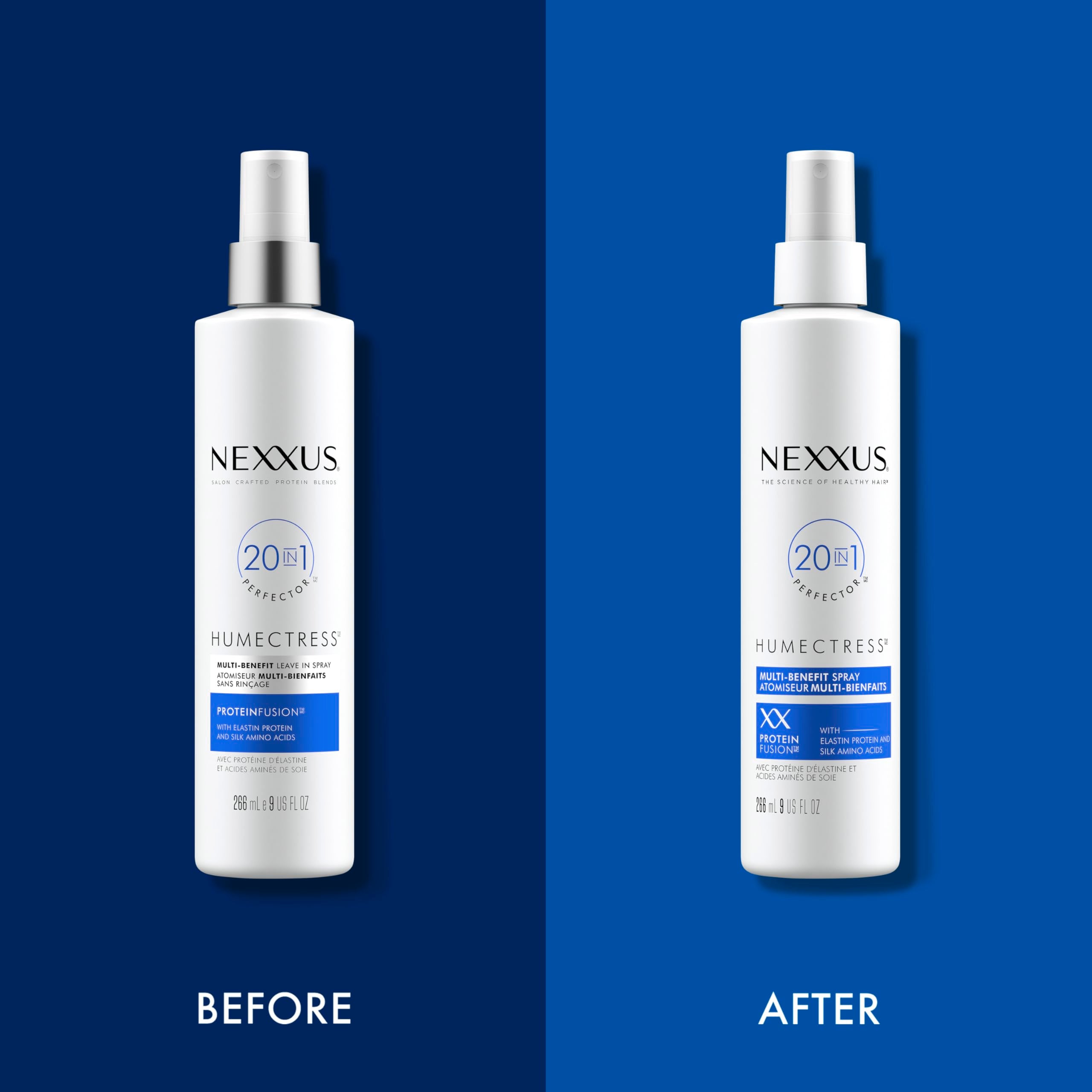 Nexxus Humectress leave-in spray showing color protection and moisture