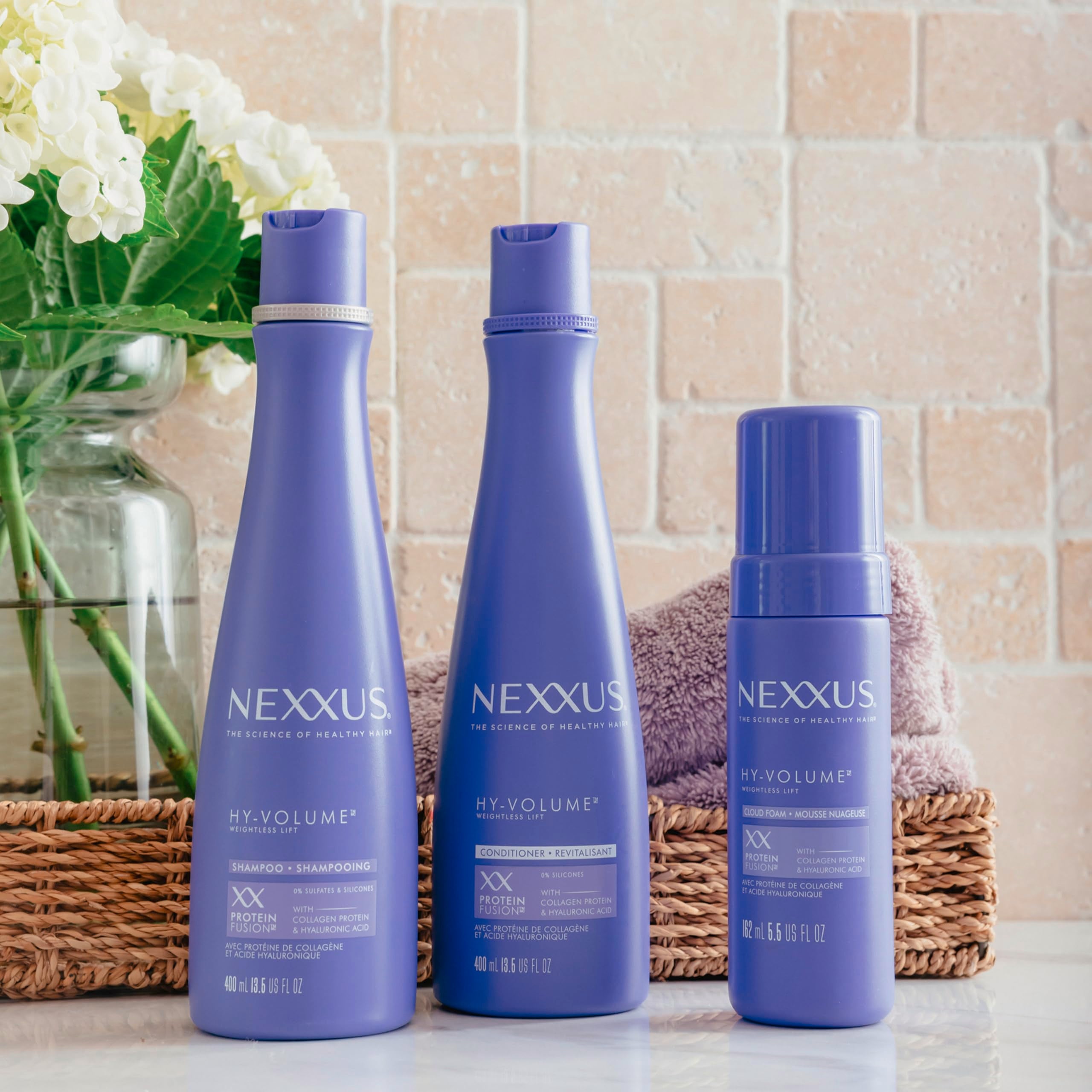 Nexxus HY-VOLUME result image showing lifted, voluminous hair