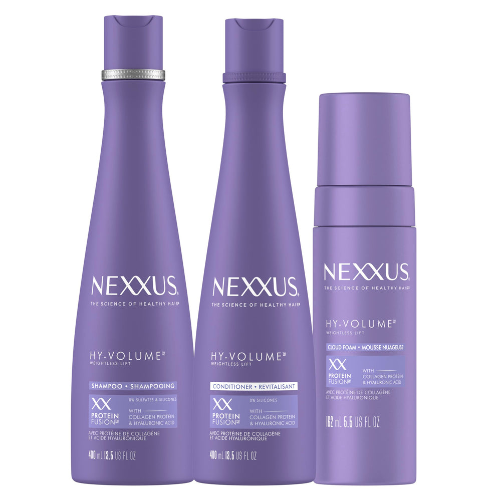Nexxus HY-VOLUME shampoo bottle showing weightless lift for flat hair