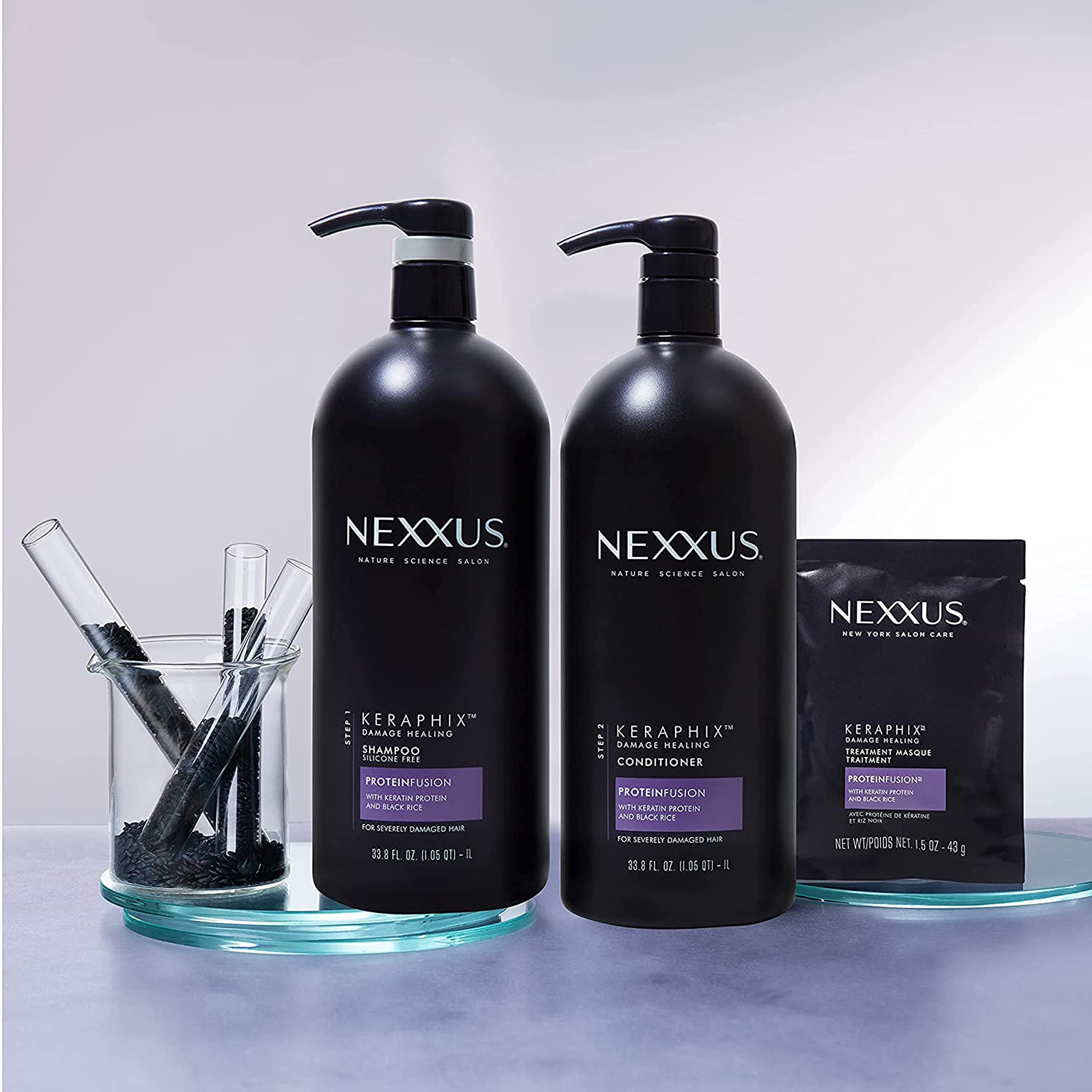 Step-by-step application routine showing shampoo, conditioner, masks