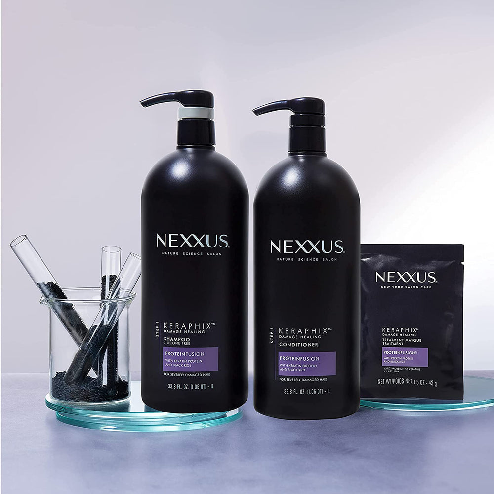 Step-by-step application routine showing shampoo, conditioner, masks