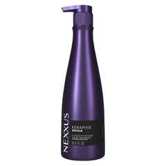Nexxus Keraphix acondicionador, botella visible, promueve reparación profunda del cabello.