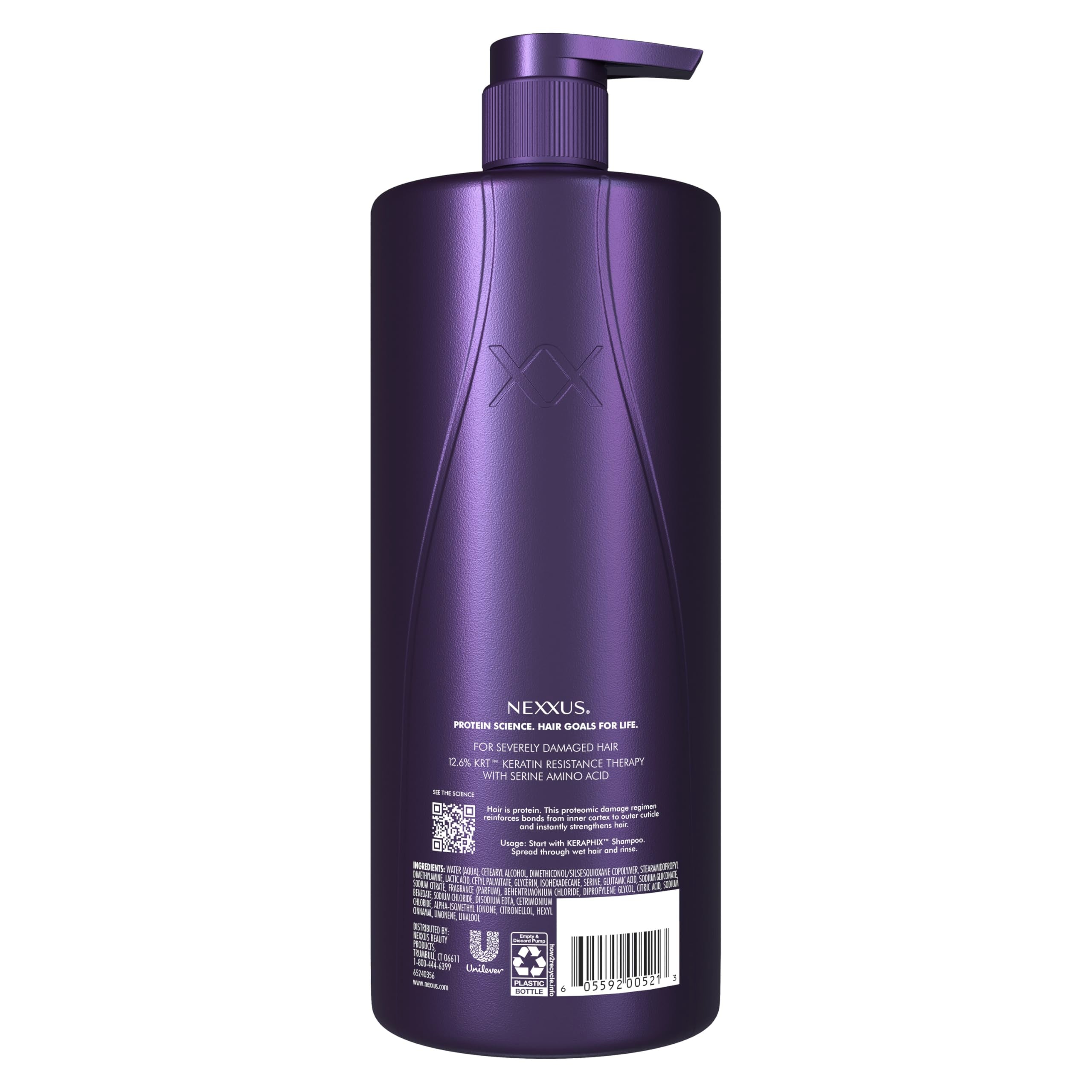 Nexxus Keraphix conditioner bottle back explains KRT tech and benefits for resilient hair