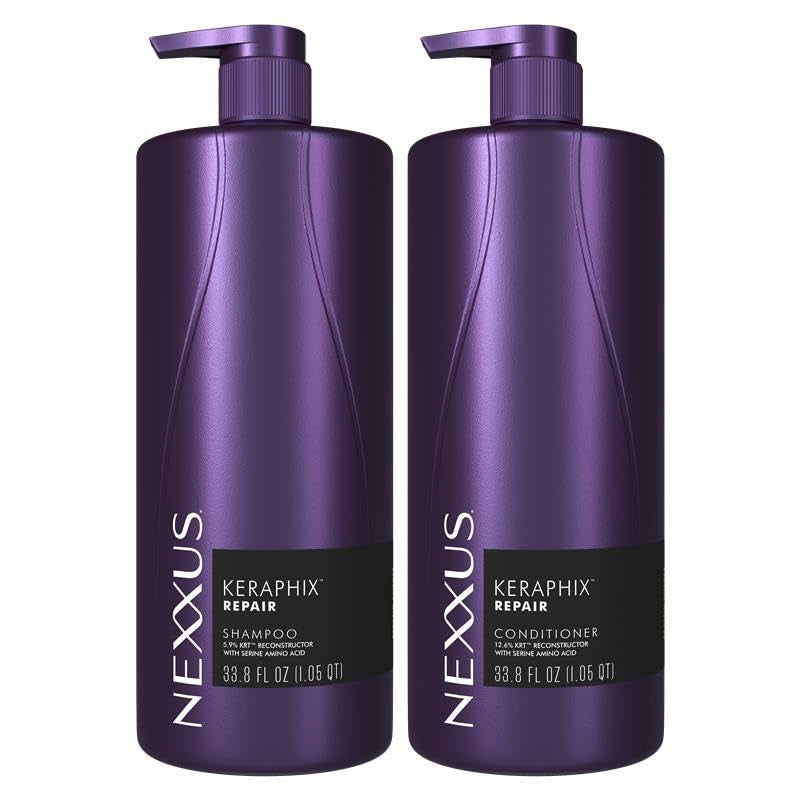 Nexxus Keraphix shampoo bottle highlighting damage repair potential for color-treated hair.