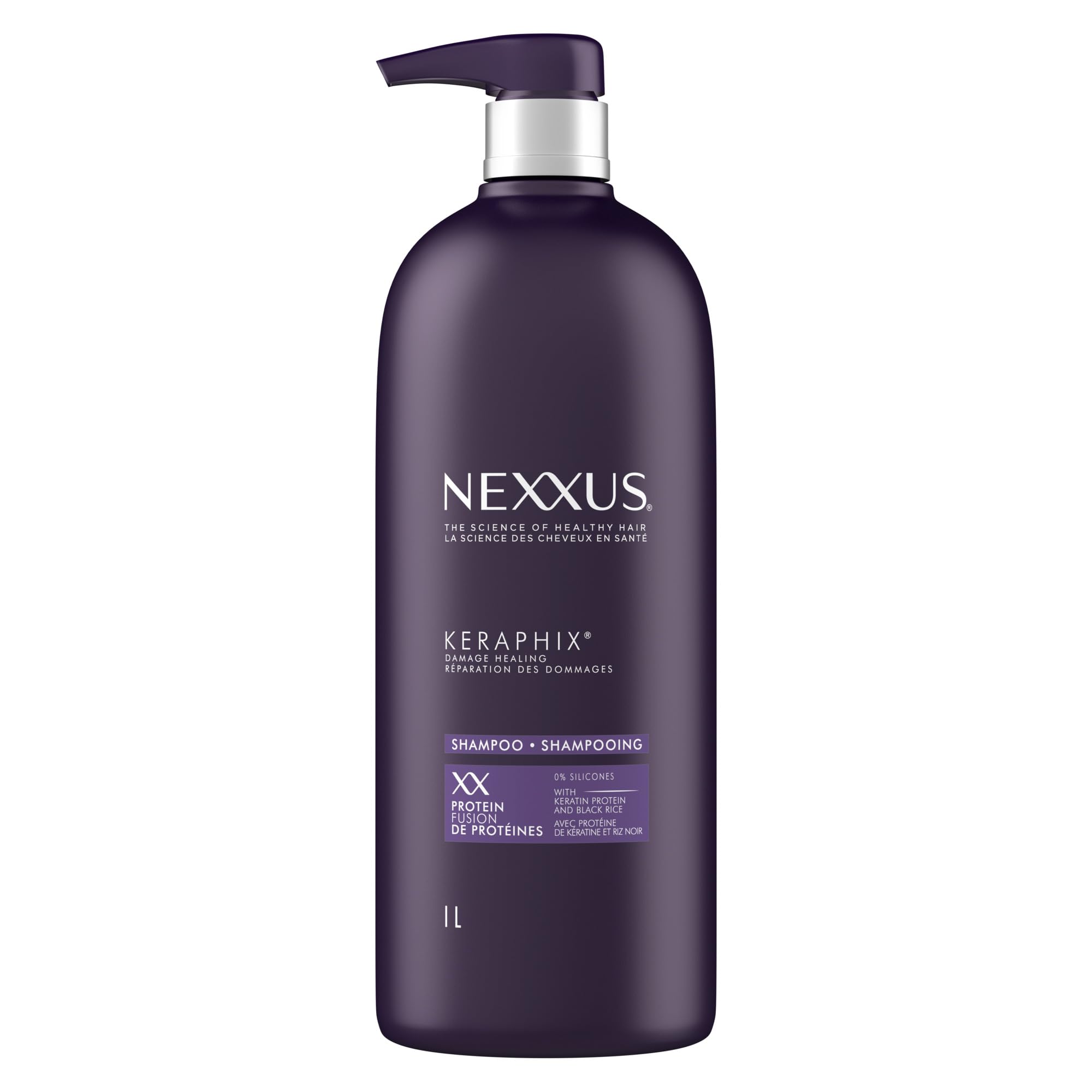 Nexxus Keraphix shampoo bottle shows powerful repair focus for visibly damaged hair.