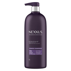 Nexxus Keraphix shampoo bottle shows powerful repair focus for visibly damaged hair.